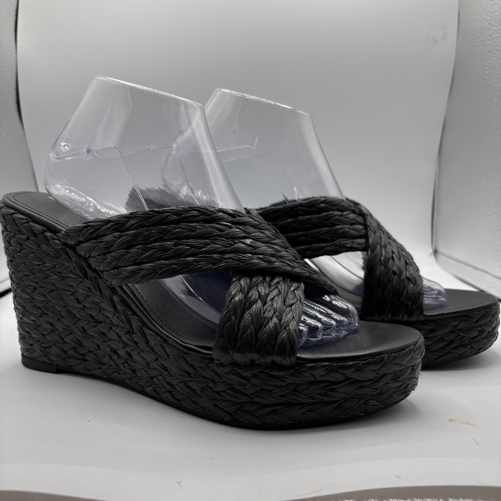 Marc Fisher Flynn Black Woven Raffia Platform Wedge Sandals Womens Size 11M